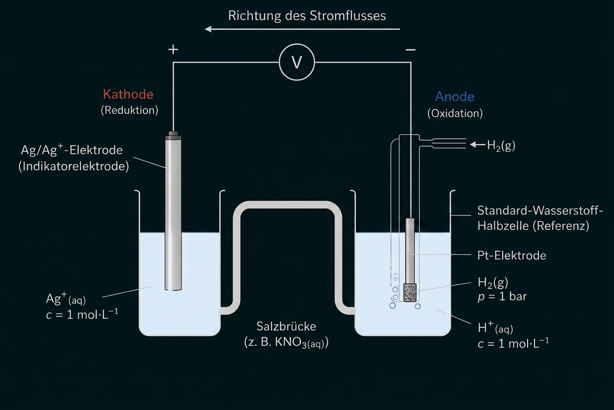 Schematisches Diagramm einer galvanischen Zelle mit Ag/Ag+-Elektrode, Standard-Wasserstoff-Halbzelle, Salzbrücke und Voltmeter.